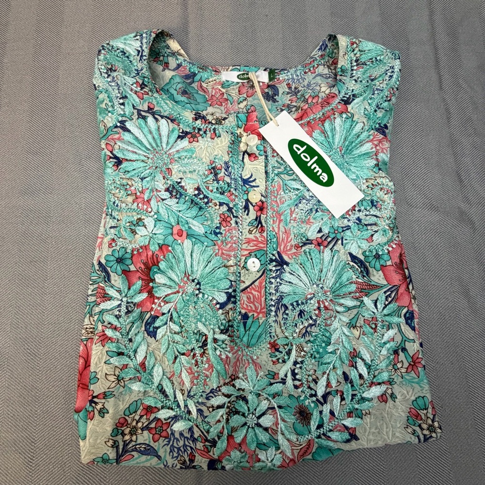 NWT dolma women’s size large poly/silk floral print split side tunic coral/turq